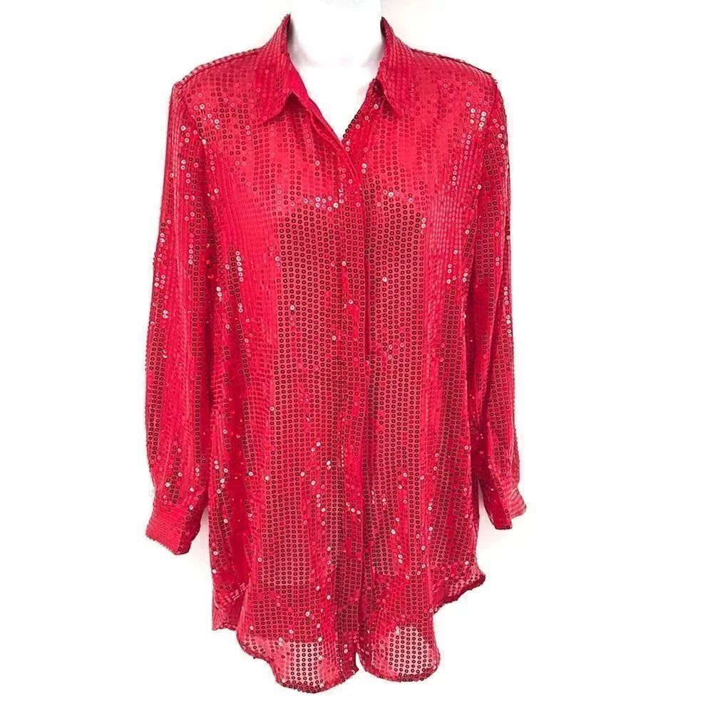DKNY Rudolph Road red sequin shirt top blips extra long tunic NEW XS semi sheer